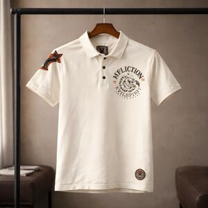 Affliction American Customs Evil Spirit Engineering Polo Shirt Cream Mens Medium